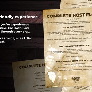 May include: Printed game instructions titled "COMPLETE HOST FLOW" and "Host-friendly experience" on aged paper. The guide provides step-by-step instructions for a murder mystery game. The text is in black font.