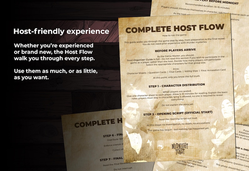 May include: Printed game instructions titled "COMPLETE HOST FLOW" and "Host-friendly experience" on aged paper. The guide provides step-by-step instructions for a murder mystery game. The text is in black font.