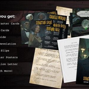 May include: A collection of game cards and materials for a mystery-themed board game. The items include character cards, clue cards, a host guide, and character posters. The color palette is dark with illustrations of characters.