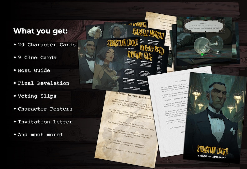 May include: A collection of game cards and materials for a mystery-themed board game. The items include character cards, clue cards, a host guide, and character posters. The color palette is dark with illustrations of characters.