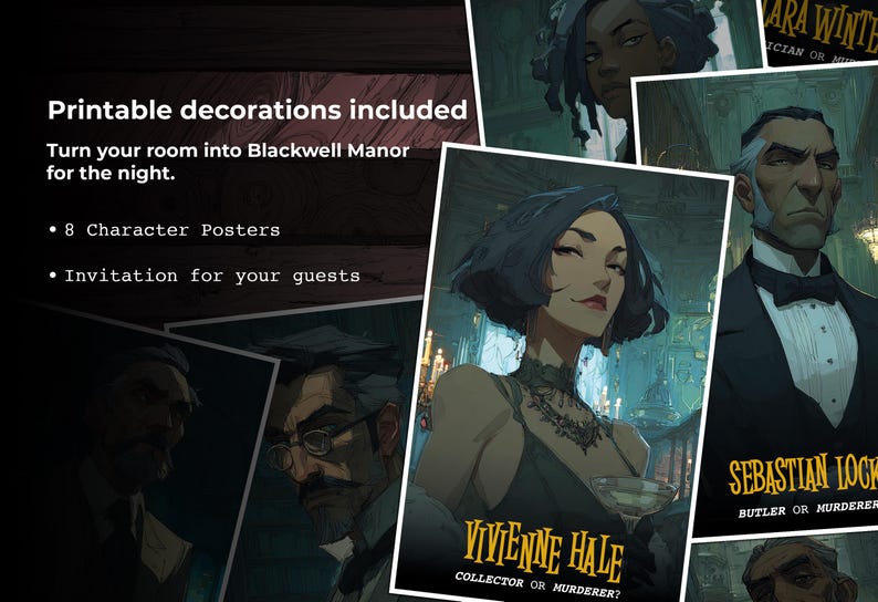 May include: Printable decorations for a Blackwell Manor-themed party, including character posters and invitations. The image features stylized illustrations of characters, with text such as "Vivienne Hale, Collector or Murderer?" and "Sebastian Locke, Butler or Murderer?"