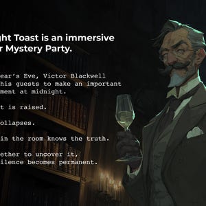 May include: An illustration for "Midnight Toast," a murder mystery party. A distinguished man in a suit holds a glass of wine. Text describes the party's premise: a New Year's Eve gathering where a mystery unfolds.