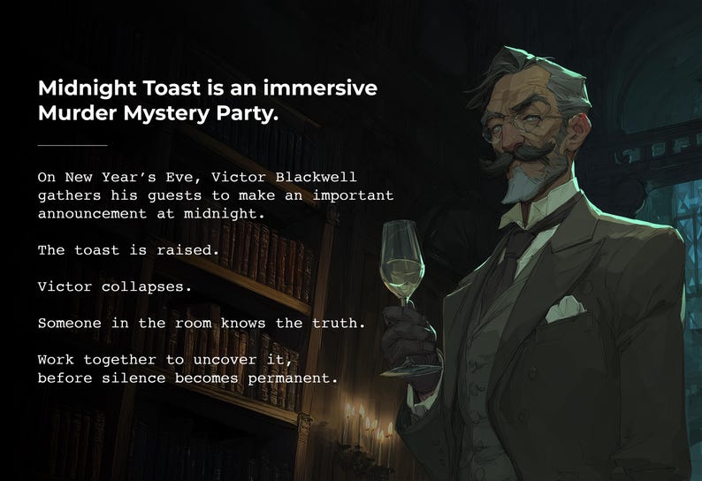 May include: An illustration for "Midnight Toast," a murder mystery party. A distinguished man in a suit holds a glass of wine. Text describes the party's premise: a New Year's Eve gathering where a mystery unfolds.