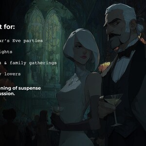 May include: An illustration of a man and woman in formal attire, holding cocktails. The text reads "Perfect for: New Year's Eve parties, Game nights, Friends & family gatherings, Mystery lovers. A full evening of suspense and discussion."