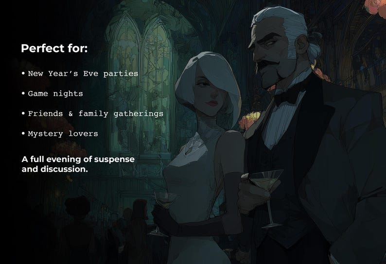 May include: An illustration of a man and woman in formal attire, holding cocktails. The text reads "Perfect for: New Year's Eve parties, Game nights, Friends & family gatherings, Mystery lovers. A full evening of suspense and discussion."