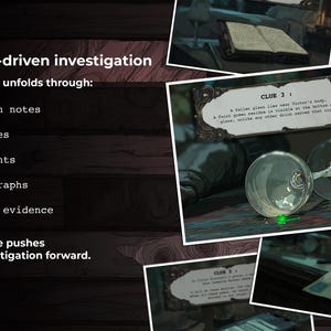 May include: A collage of images depicting a clue-driven investigation. The text highlights the use of written notes, messages, documents, photographs, and visual evidence. One image shows two wine glasses and a clue card.
