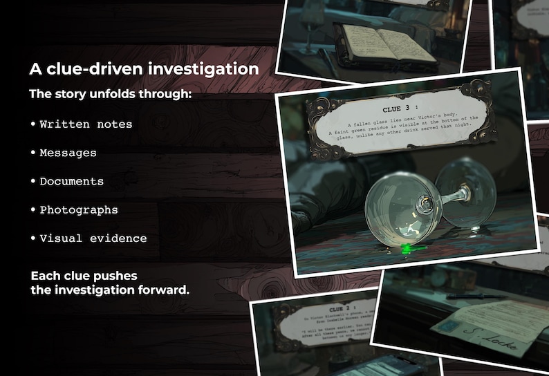 May include: A collage of images depicting a clue-driven investigation. The text highlights the use of written notes, messages, documents, photographs, and visual evidence. One image shows two wine glasses and a clue card.