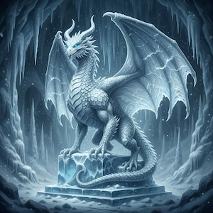 Può includere: Un maestoso drago bianco con grandi ali dettagliate e penetranti occhi blu, appollaiato su una struttura cristallina. Il drago è ambientato su uno sfondo di una grotta ghiacciata con stalattiti, creando una scena fantasy.