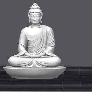 May include: A white Buddha statue in a seated meditation pose. The figure is draped in flowing robes and sits atop a rounded base. The statue has a serene expression and detailed facial features. The background is a solid gray.