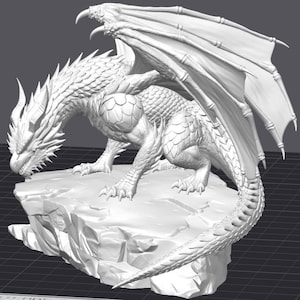 May include: A detailed, white dragon sculpture with large wings, perched atop a rocky base. The dragon has intricate scale and wing detailing, with a long tail and sharp claws. The sculpture is a fantasy-themed item.