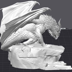 May include: A detailed, white dragon sculpture with large, spread wings and a textured, scaled body. The dragon is perched on a rocky base, showcasing intricate details of the creature's form and the stone.