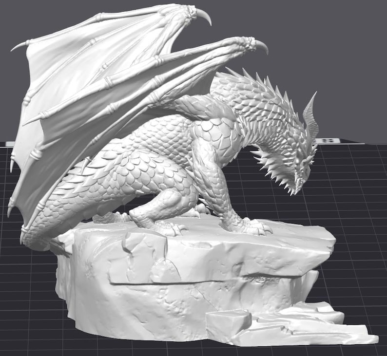 May include: A detailed, white dragon sculpture with large, spread wings and a textured, scaled body. The dragon is perched on a rocky base, showcasing intricate details of the creature's form and the stone.