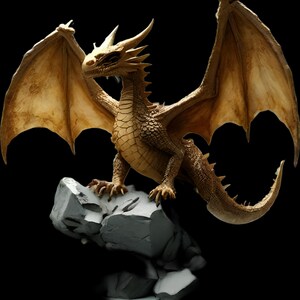 Può includere: Una scultura dettagliata di un drago dorato con le ali spiegate, appollaiato su una formazione rocciosa grigia. Il drago ha squame intricate, corna e una lunga coda. Lo sfondo è nero, evidenziando la forma del drago.
