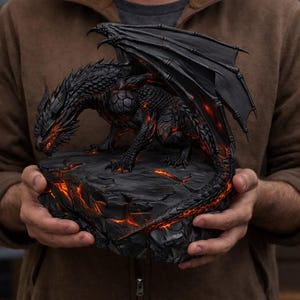 Puede incluir: Figura de dragón negro con escamas detalladas y grandes alas, posada sobre una base rocosa con detalles en naranja brillante. Los ojos y partes del cuerpo del dragón brillan con luz naranja.