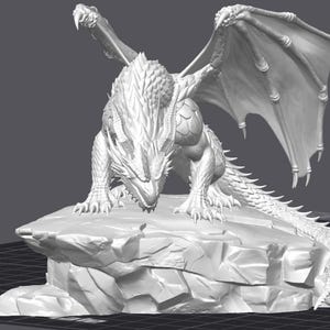 May include: A detailed, white dragon figurine with outstretched wings, perched atop a rocky base. The dragon has intricate scales, claws, and a long tail. The wings are spread wide, and the dragon appears to be looking down.