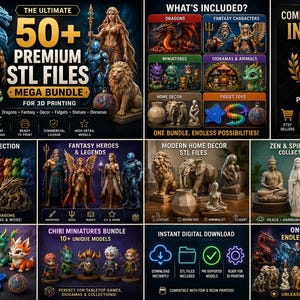Könnte beinhalten: Ein digitales Produktpaket mit über 50 Premium-STL-Dateien für den 3D-Druck, darunter Drachen, Fantasy-Figuren, Miniaturen, Dioramen, Wohnkultur und Fidget-Spielzeug. Das Bild zeigt verschiedene 3D-Modelle, Textbeschriftungen und eine Lizenz.