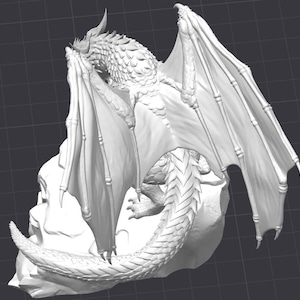 May include: A detailed, white dragon sculpture with large, outstretched wings. The dragon has a textured body, horns, and a long, curved tail. It is perched on a rocky base, showcasing intricate details and a dynamic pose.