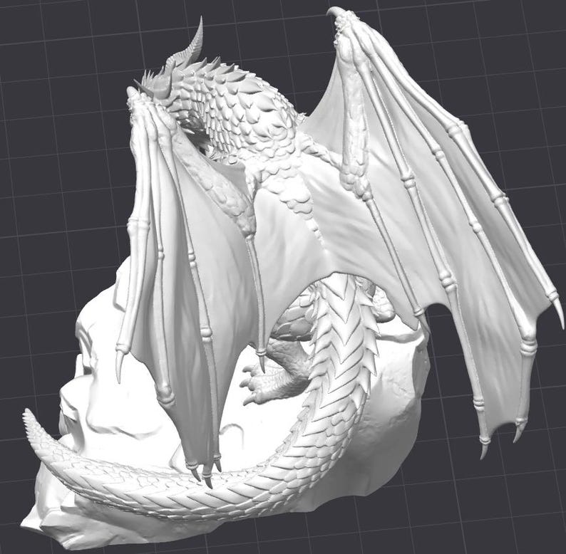 May include: A detailed, white dragon sculpture with large, outstretched wings. The dragon has a textured body, horns, and a long, curved tail. It is perched on a rocky base, showcasing intricate details and a dynamic pose.
