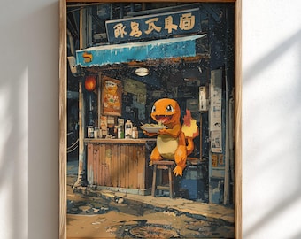 Póster de ramen Fire Starter / Arte de pared con escena acogedora de comida de anime / Ilustración de una linda criatura de una tienda de fideos / Decoración de cocina japonesa