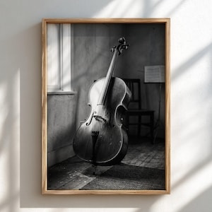 Può includere: Una stampa artistica da parete incorniciata in bianco e nero che raffigura un violoncello in piedi in una stanza. Lo strumento è posizionato vicino a una finestra con luce naturale che proietta ombre. Una sedia in legno e un leggio sono visibili.