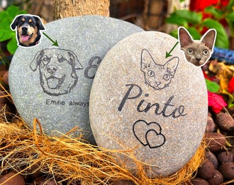 Piedra conmemorativa con retrato personalizado de mascota, guijarro conmemorativo con huella de pata de perro personalizado, homenaje grabado a gato, monumento conmemorativo de piedra de río natural para mascotas