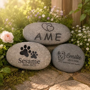 May include: Three gray engraved stones for pets. One stone has a heart design and the name "AME". Another stone has paw prints and the name "Sesame" with dates. The third stone has a dog image, the name "Emilie" and dates.