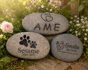 Personalized Pet Portrait Memorial Stone, Custom Dog Paw Print Memorial Pebble, Engraved Cat Tribute, Pet Natural River Rock Memorial