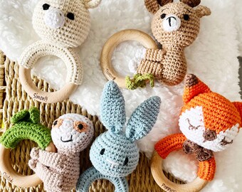 Sonajero de animal personalizado con nombre de bebé, regalo personalizado para recién nacidos, regalo para baby shower de primer cumpleaños, juguete de madera Montessori, sonajero grabado