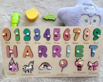Rompecabezas de madera personalizado con nombre, juguete Montessori para bebé, regalo de primer cumpleaños
