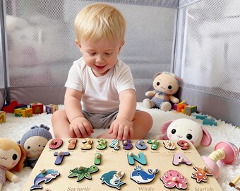 Rompecabezas de madera personalizado con nombre, juguetes Montessori para bebés, rompecabezas con nombre personalizado, tablero de actividades para bebés, regalo para el primer cumpleaños, baby shower