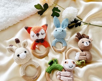 Sonajero de animal personalizado con nombre de bebé, regalo personalizado para recién nacidos, regalo para baby shower de primer cumpleaños, juguete de madera Montessori, sonajero grabado
