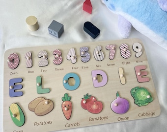 Rompecabezas de madera personalizado con nombre, juguete Montessori para bebé, regalo de primer cumpleaños