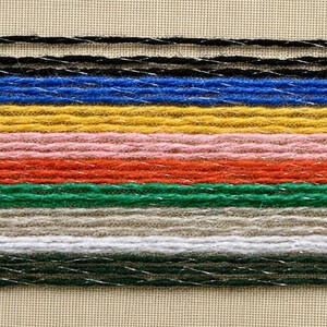 May include: A series of horizontal yarn strands arranged in parallel rows, featuring a variety of colors including black, blue, yellow, pink, orange, green, beige, white, and dark green, each intertwined with a thin, reflective silver metallic thread.
