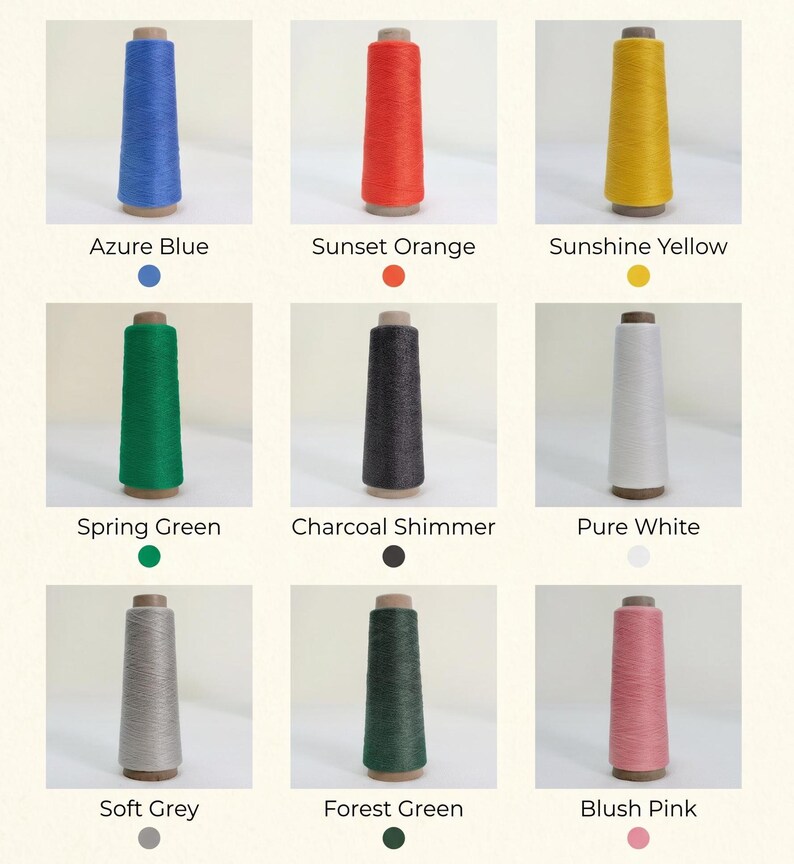 May include: A grid of nine conical spools of thread in various colors labeled Azure Blue, Sunset Orange, Sunshine Yellow, Spring Green, Charcoal Shimmer, Pure White, Soft Grey, Forest Green, and Blush Pink, each with a corresponding color dot.