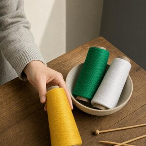 May include: Three conical spools of yarn in vibrant yellow, green, and white colors. The yellow spool is held upright, while the green and white spools rest inside a shallow, light-colored bowl. Two wooden knitting needles lie on the surface.