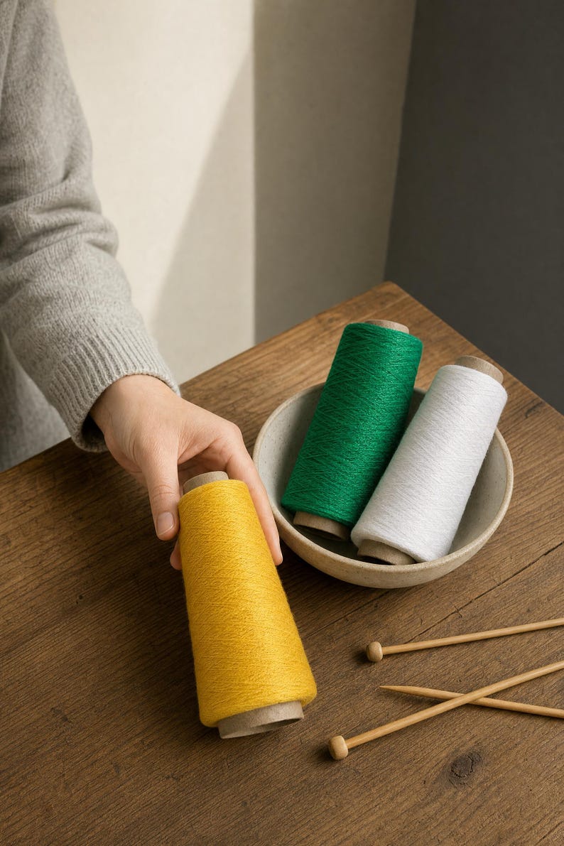 May include: Three conical spools of yarn in vibrant yellow, green, and white colors. The yellow spool is held upright, while the green and white spools rest inside a shallow, light-colored bowl. Two wooden knitting needles lie on the surface.