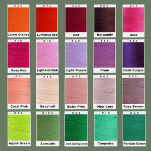 May include: A color chart featuring various shades of thread. The chart displays a range of colors, including orange, red, pink, purple, green, and brown. Each color is labeled with a name and a number.