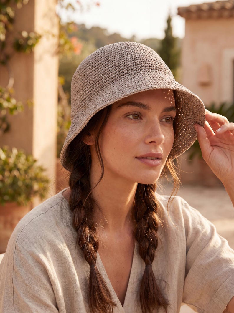 May include: A light beige crochet bucket hat with a rounded crown and a downward-sloping brim. The hat is constructed from a dense, textured yarn weave, featuring a consistent stitch pattern throughout the entire surface of the headwear.