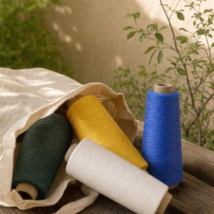 May include: Four conical spools of yarn in dark green, mustard yellow, white, and royal blue. Two spools are partially tucked inside a beige canvas tote bag, while the other two rest on a wooden surface. Each spool features a cardboard core.