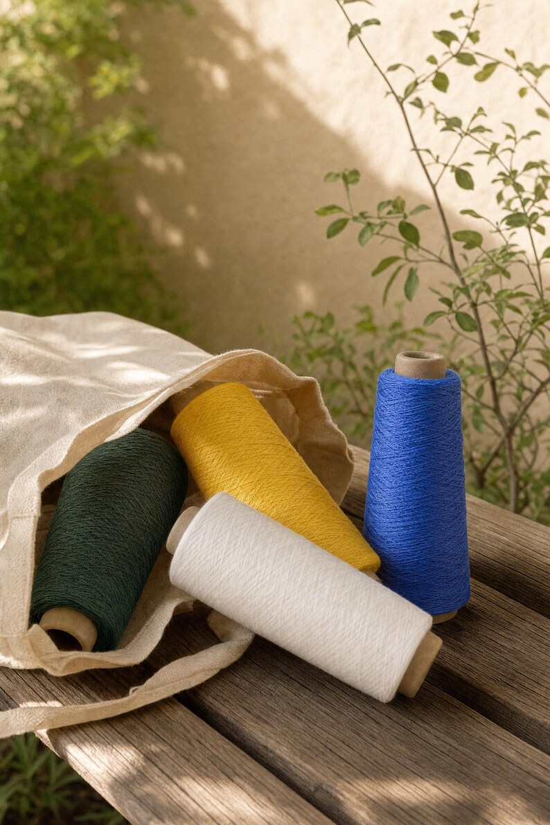 May include: Four conical spools of yarn in dark green, mustard yellow, white, and royal blue. Two spools are partially tucked inside a beige canvas tote bag, while the other two rest on a wooden surface. Each spool features a cardboard core.