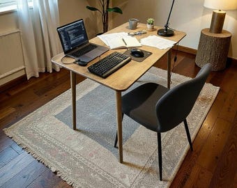 Birch Wood Desk, Mid-Century Modern Home Office Furniture, Walnut-Oak