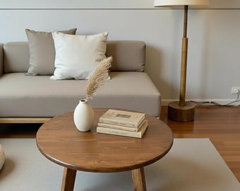Handmade Solid Pine Wood Round Coffee Table, Scandinavian Rustic Decor