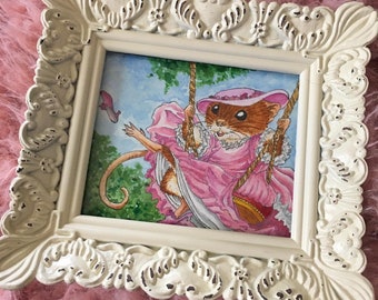 The Mouse Swing Framed Original Miniature Watercolor Painting