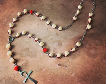 Human Molar and Ankh Rosary Style Necklace