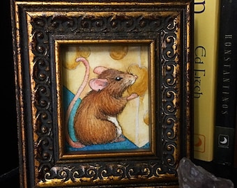 More Than Enough framed 2.5x3 inch watercolor painting of a mouse with cheese