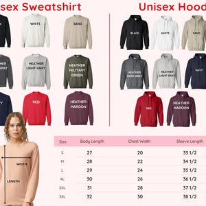 Puede incluir: Variedad de sudaderas y sudaderas con capucha unisex en varios colores, como negro, blanco y azul marino. La imagen incluye una tabla de tallas con medidas de largo de cuerpo, ancho de pecho y largo de manga en cent&iacute;metros.