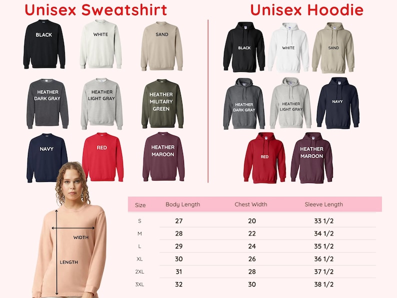 Puede incluir: Variedad de sudaderas y sudaderas con capucha unisex en varios colores, como negro, blanco y azul marino. La imagen incluye una tabla de tallas con medidas de largo de cuerpo, ancho de pecho y largo de manga en cent&iacute;metros.