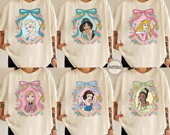 Camiseta de princesas Disney con lazos Coquette, colores cómodos, camiseta de princesas Disney, camiseta de Tiana, Ariel, Elsa, Rapunzel, Bella y Jasmine.