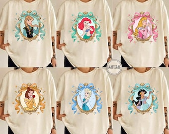 Camiseta de princesas Disney con lazos Coquette, colores cómodos, Tiana, Ariel, Elsa, Rapunzel, Bella y Jasmine, princesas Disney.