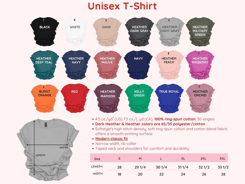 Puede incluir: Imagen de camisetas unisex en varios colores, como negro, blanco y gris jaspeado. Tambi&eacute;n se muestra una tabla de tallas con medidas en pulgadas, y la longitud de las camisetas var&iacute;a de 71 cm a 85 cm.